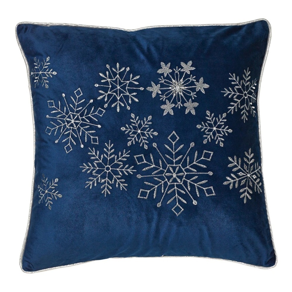 Blue Velvet With Silver Snowflake Cushion